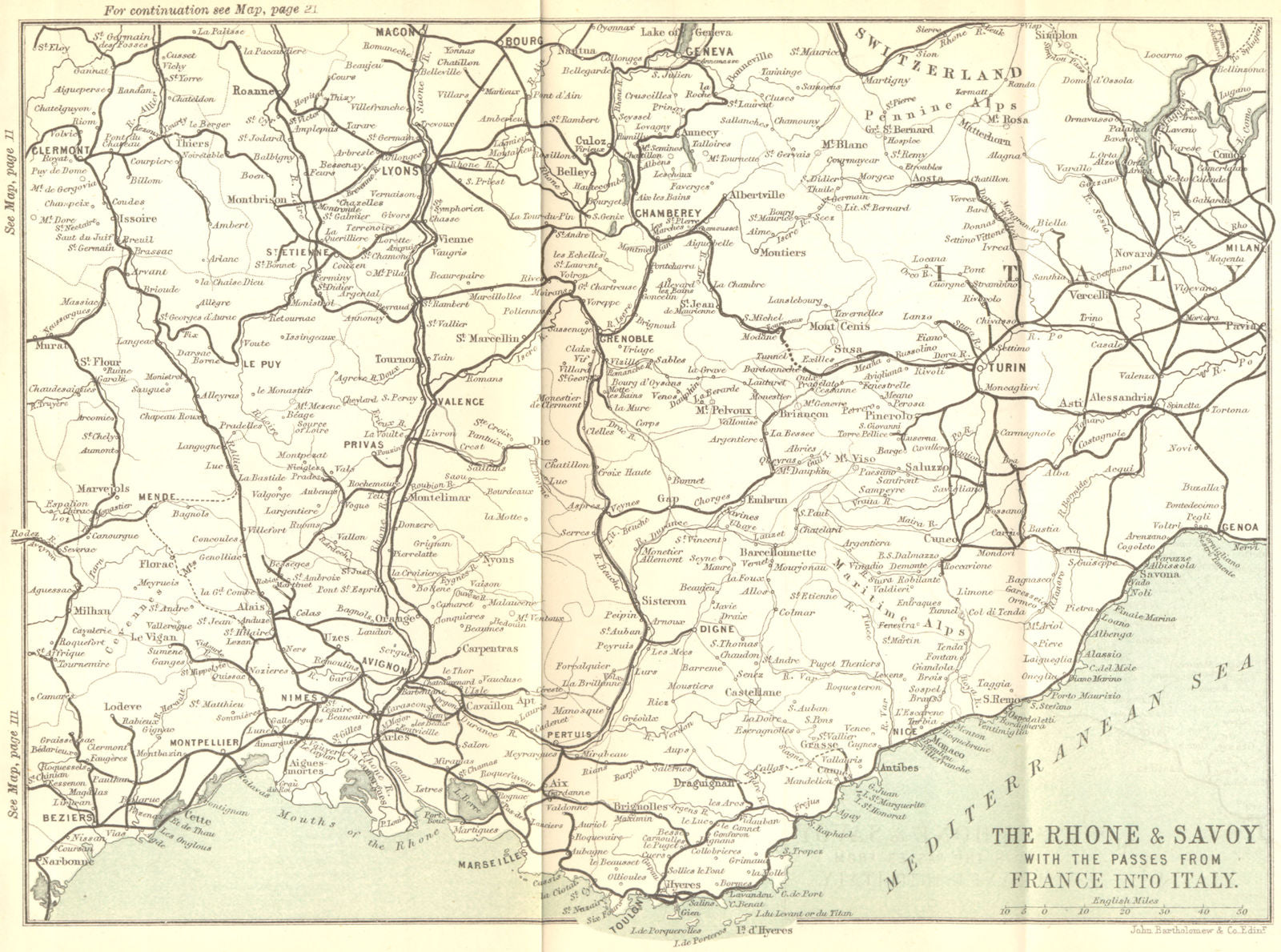 RHÔNE. Rhone & Savoy with passes from France into Italy 1889 old antique map